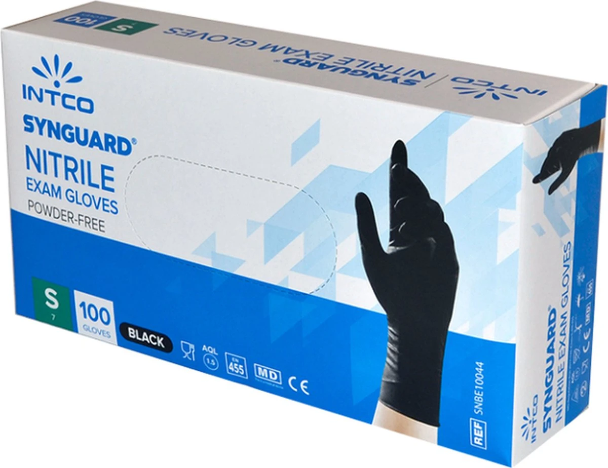 Intco Synguard Nitril Examination Gloves - 100 Stuks - Zwart - Poedervrij - Latex Vrij - Niet Steriel - Maat S - Afbeelding 3